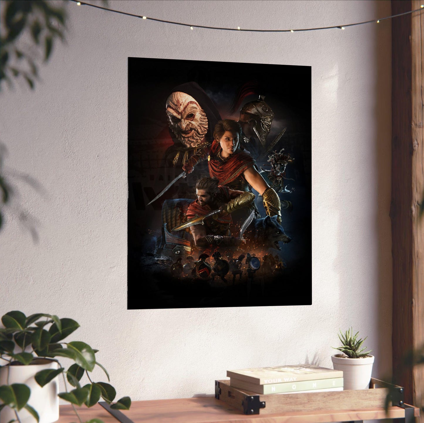 Assassin's Creed Odyssey promotional art unframed on a white wall above a desk