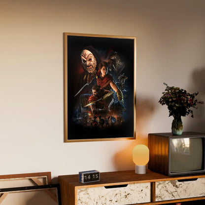Assassin's Creed Odyssey promotional art in an oak frame above a sideboard