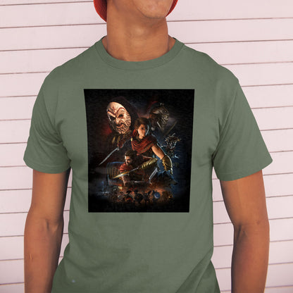 Assassin's Creed Odyssey promo art tee worn by a model in a cap, green