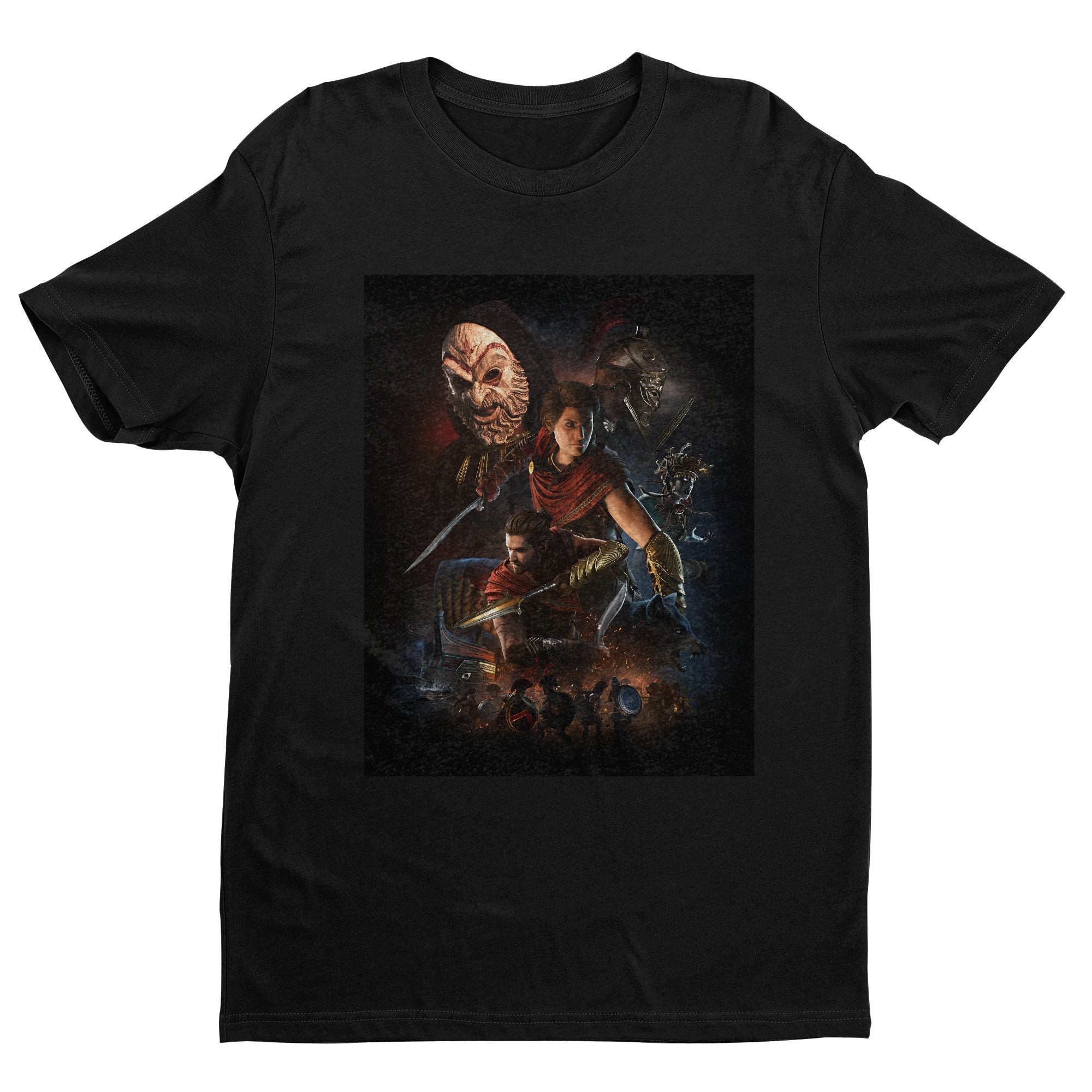 Assassin's Creed Odyssey promo art tee - black unisex t-shirt, front view