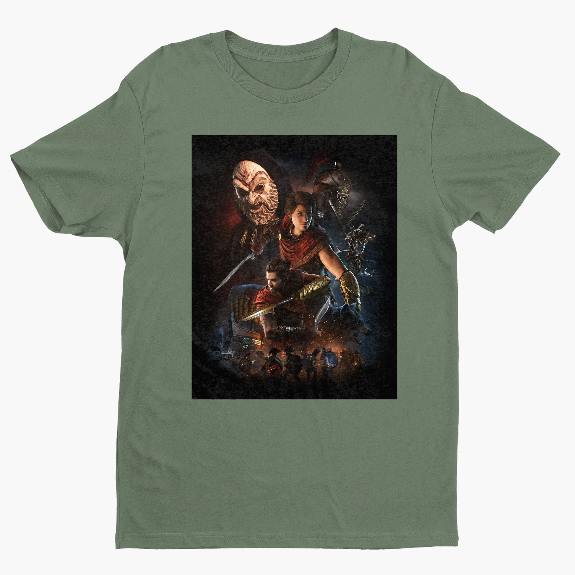 Assassin's Creed Odyssey promo art tee - green unisex t-shirt, front view