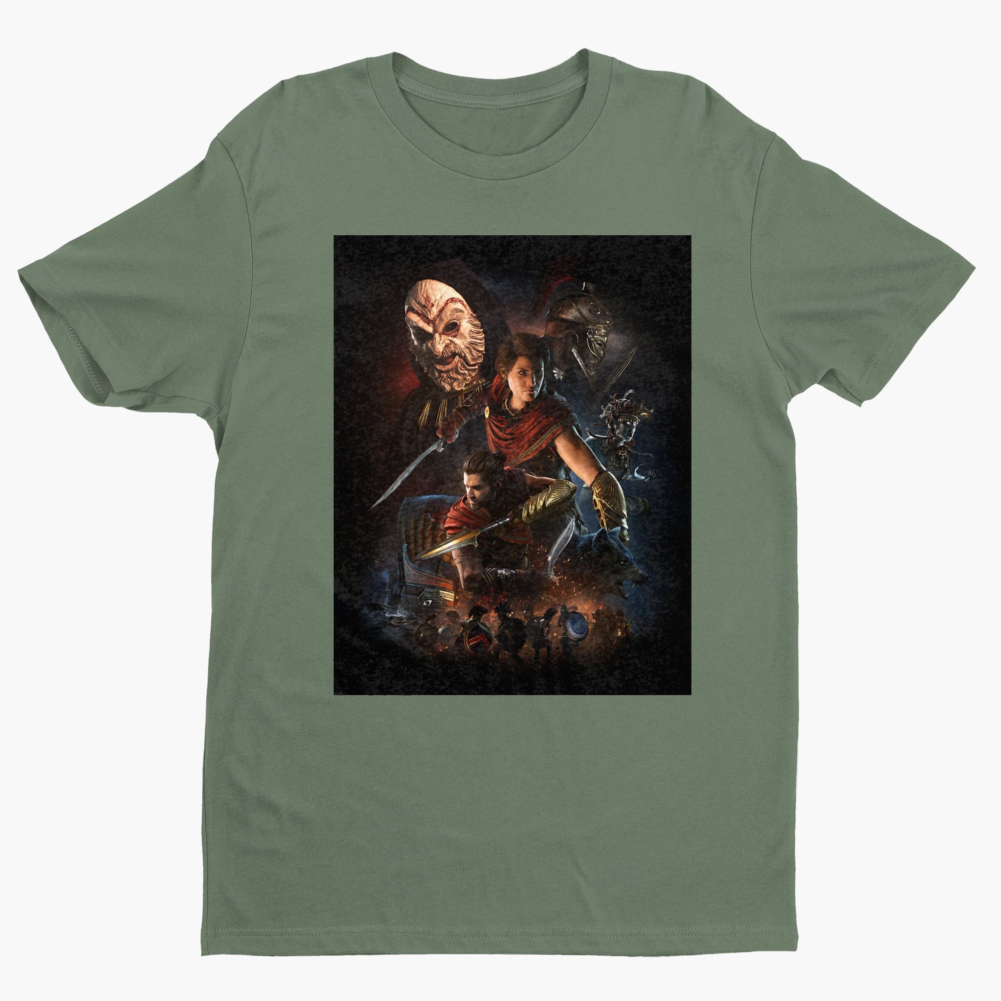 Assassin's Creed Odyssey promo art tee - green unisex t-shirt, front view