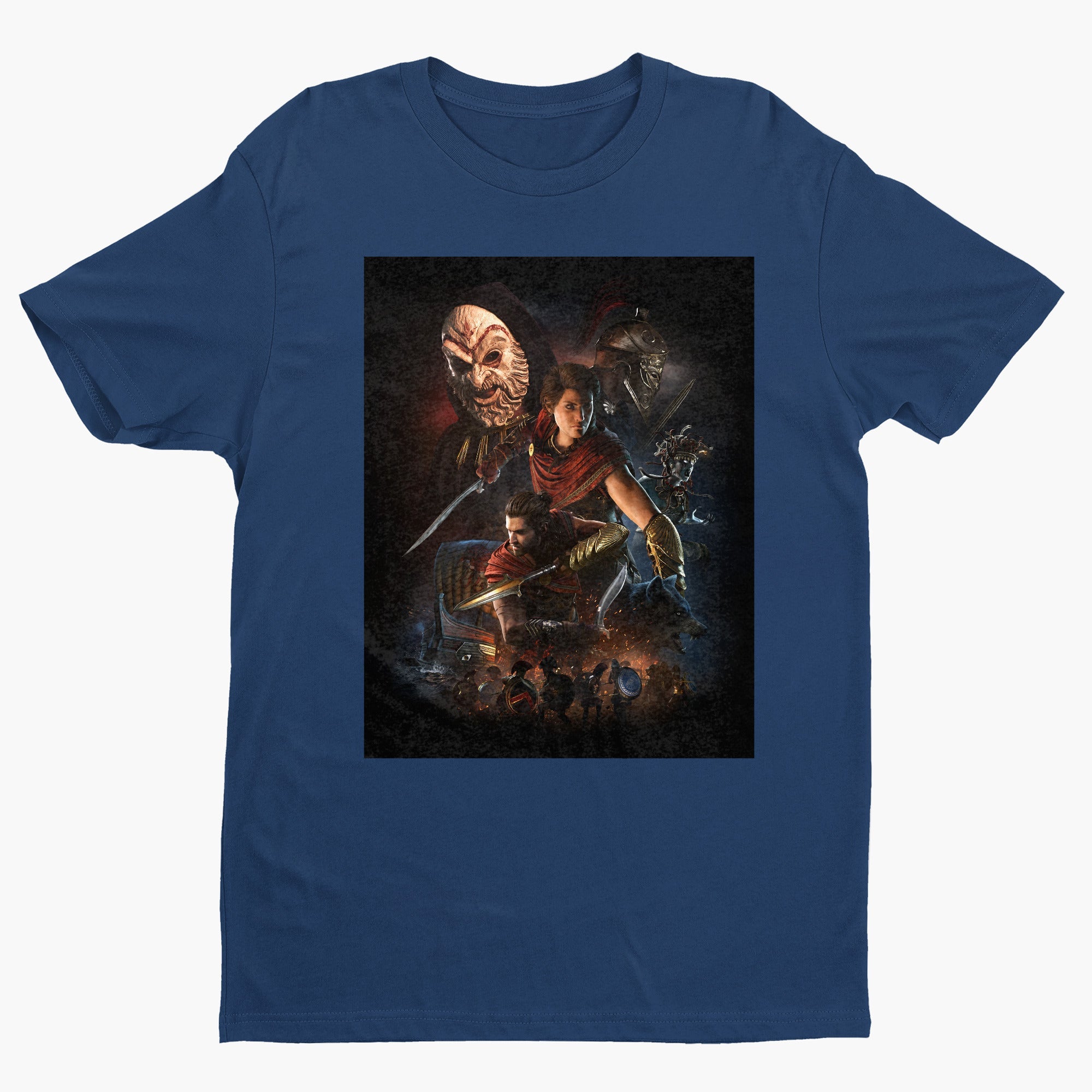 Assassin's Creed Odyssey promo art tee - navy unisex t-shirt, front view