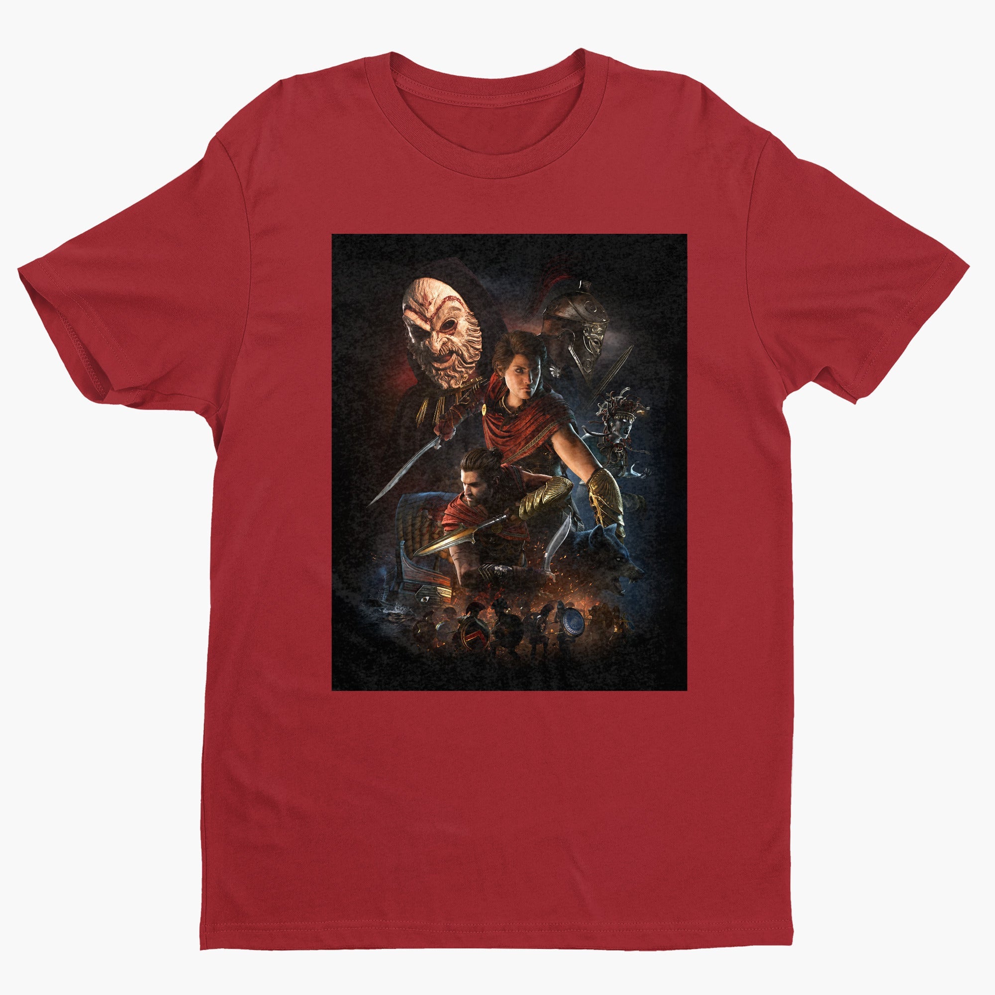 Assassin's Creed Odyssey promo art tee - red unisex t-shirt, front view