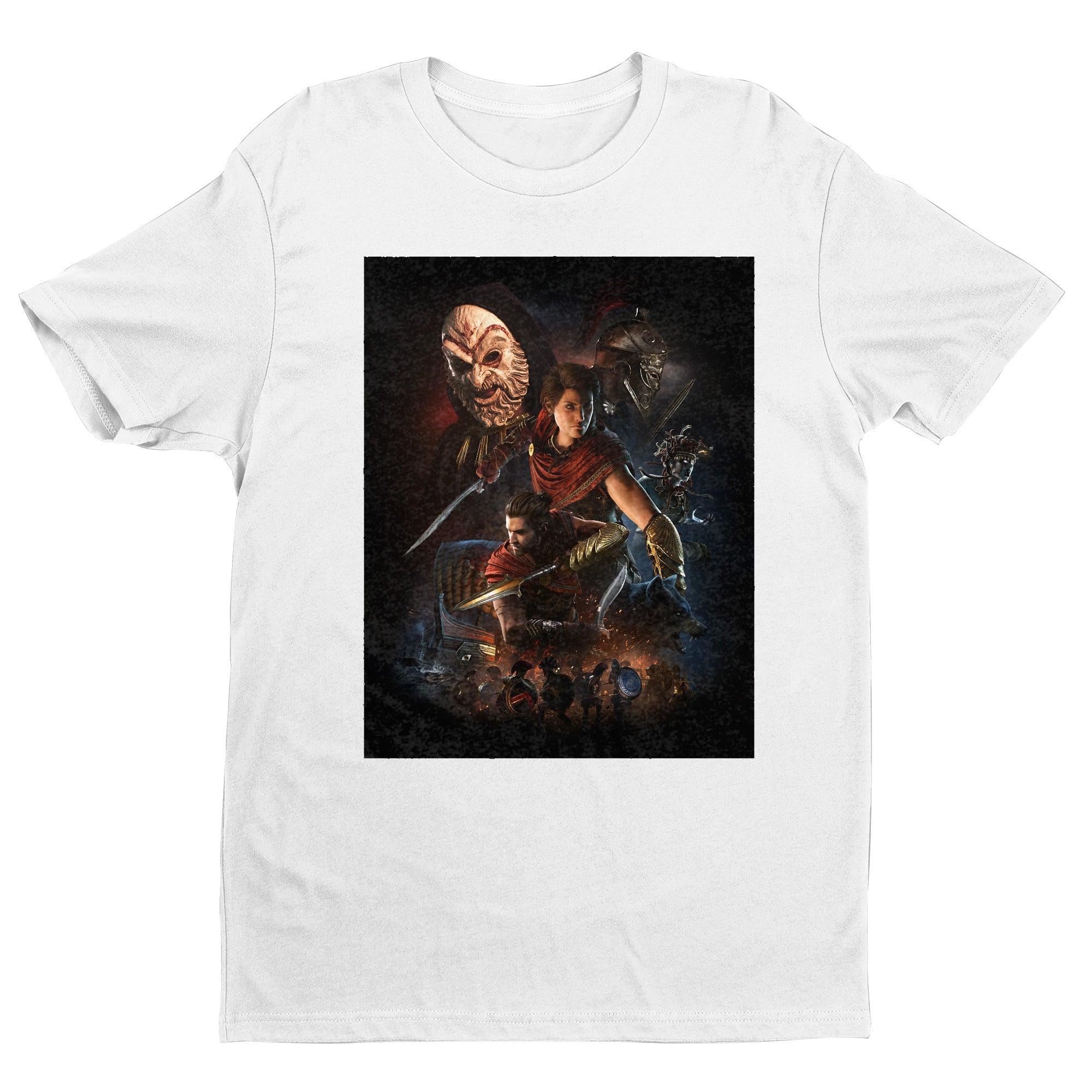Assassin's Creed Odyssey promo art tee - white unisex t-shirt, front view