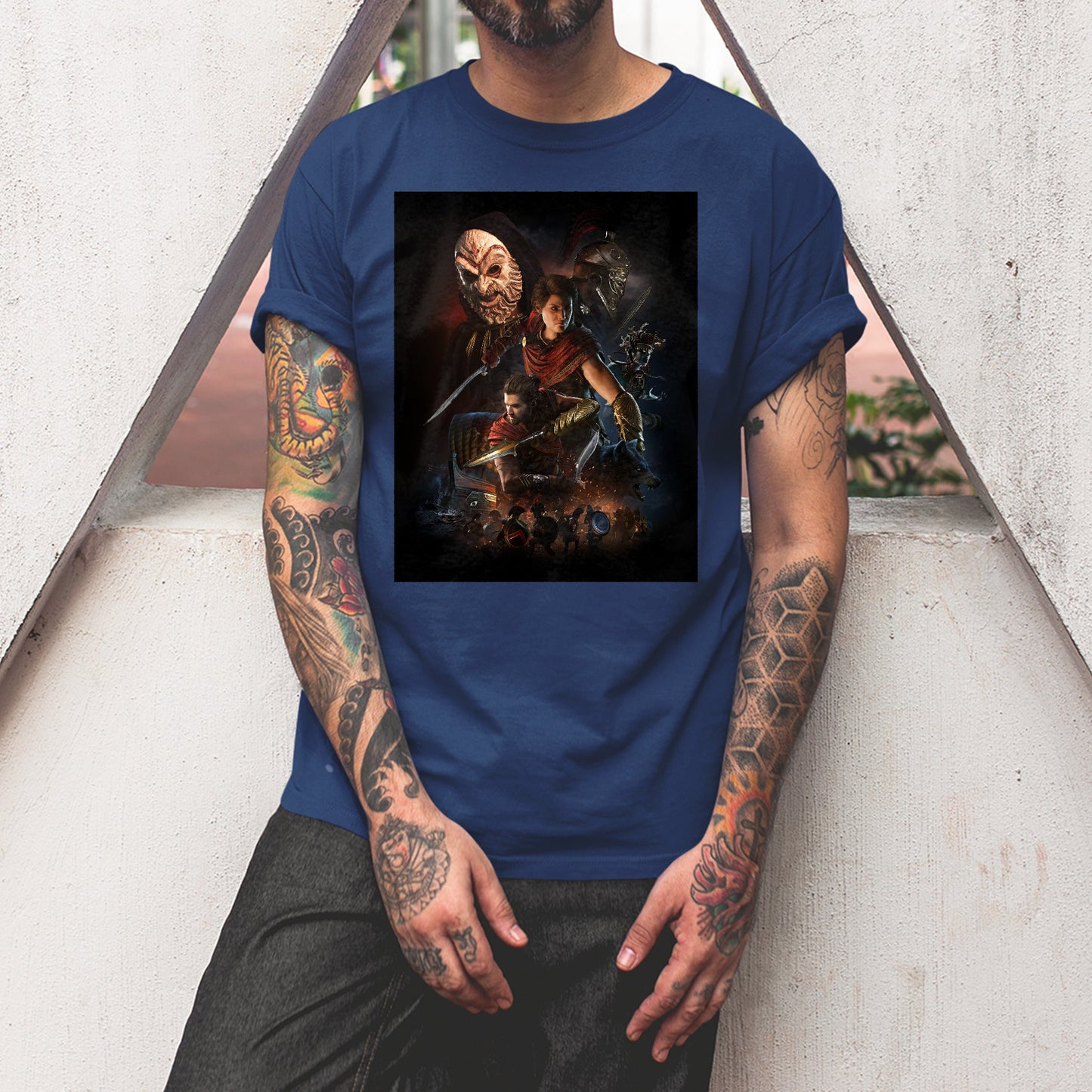 Assassin's Creed Odyssey promo art tee worn by a model, navy