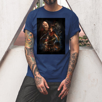 Assassin's Creed Odyssey promo art tee worn by a model, navy