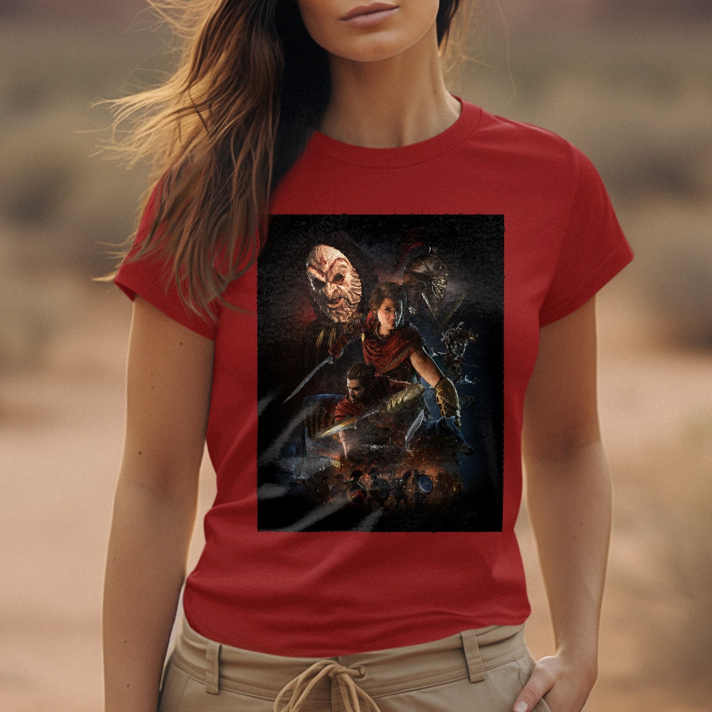 Assassin's Creed Odyssey promo art tee worn by a model, red
