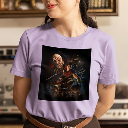 Assassin's Creed Odyssey promo art tee worn by a model, violet