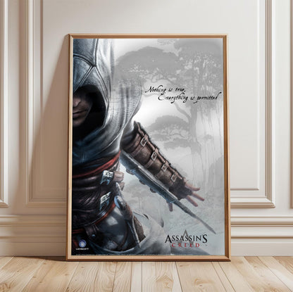 Assassin's Creed Altair promotional art in a light oak frame leaning against a white wall
