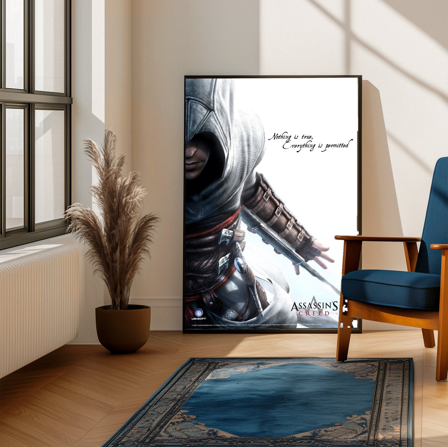 Assassin's Creed Altair promotional art framed beside a blue armchair in a sunlit room