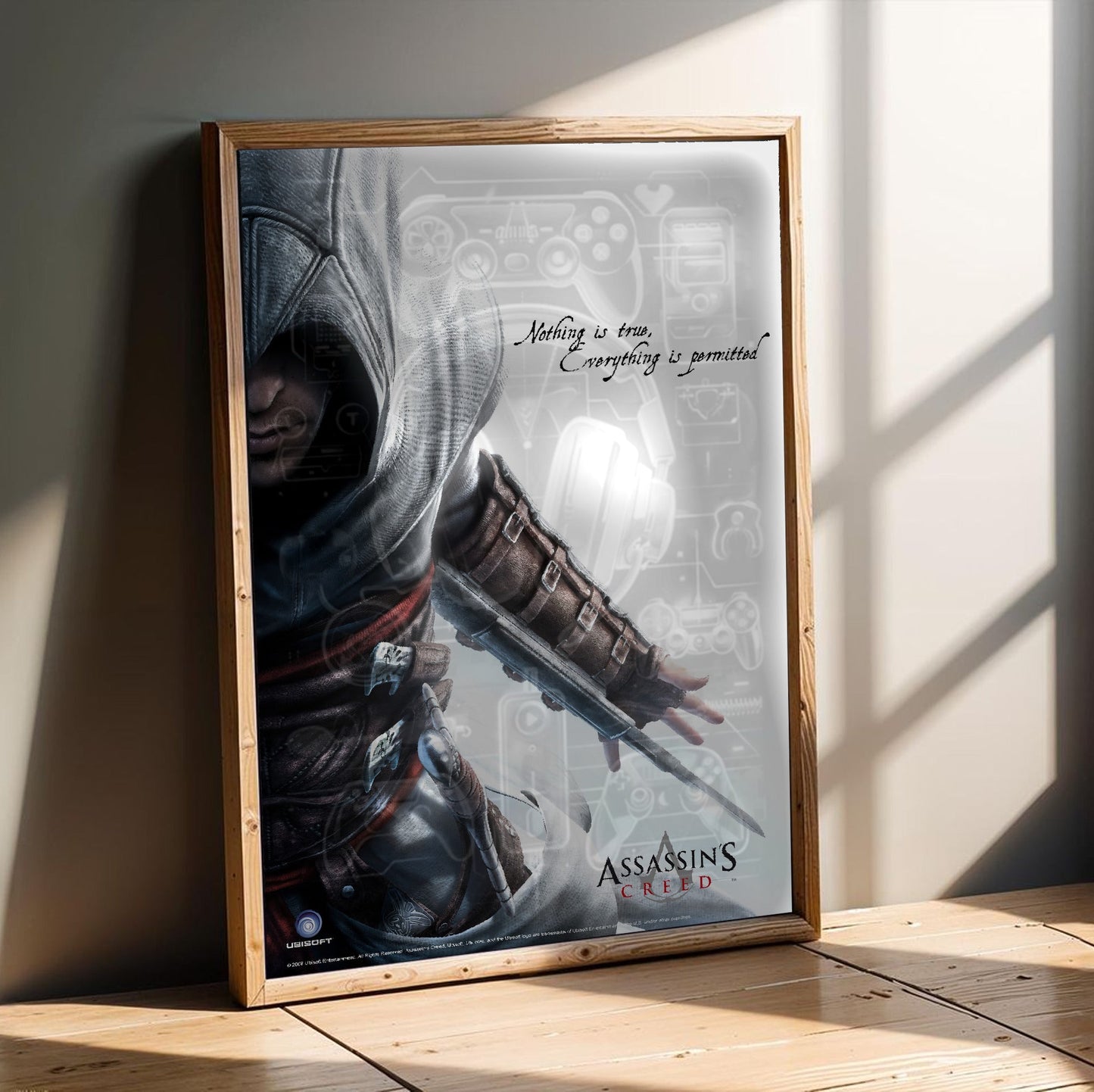 Assassin's Creed Altair promotional art in an oak frame leaning on a wooden floor