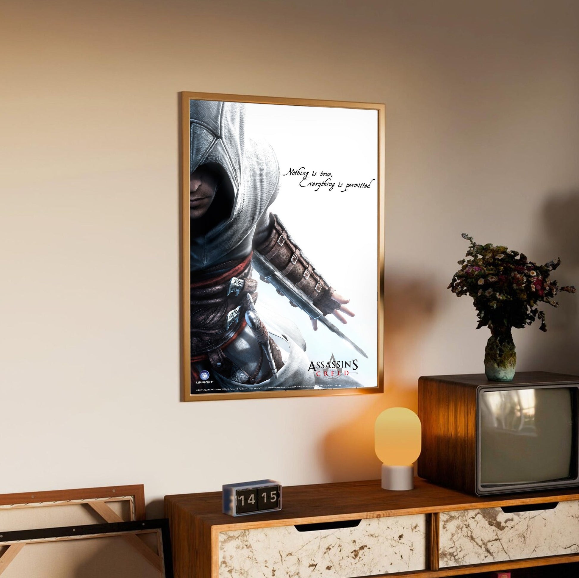 Assassin's Creed Altair promotional art in an oak frame above a sideboard