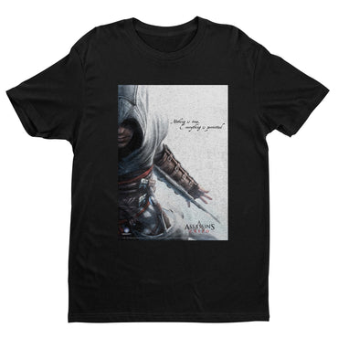 Assassin's Creed Nothing Is True promo art tee - black unisex t-shirt, front view