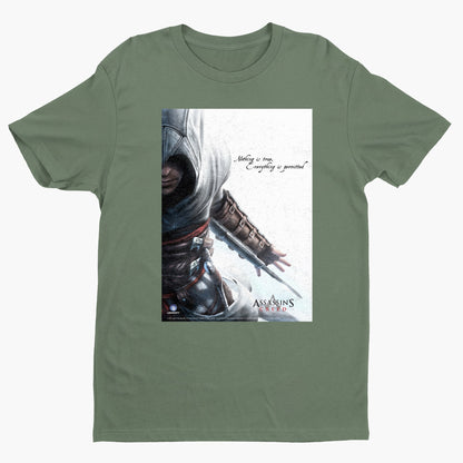 Assassin's Creed Nothing Is True promo art tee - green unisex t-shirt, front view