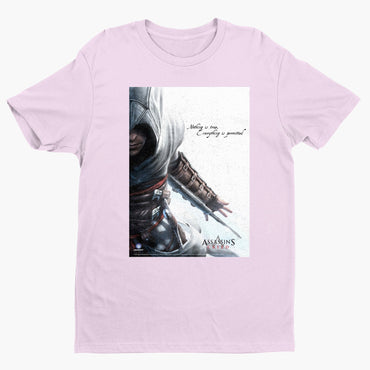 Assassin's Creed Nothing Is True promo art tee - light pink unisex t-shirt, front view