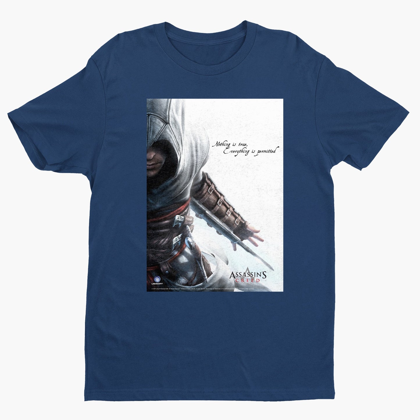 Assassin's Creed Nothing Is True promo art tee - navy unisex t-shirt, front view
