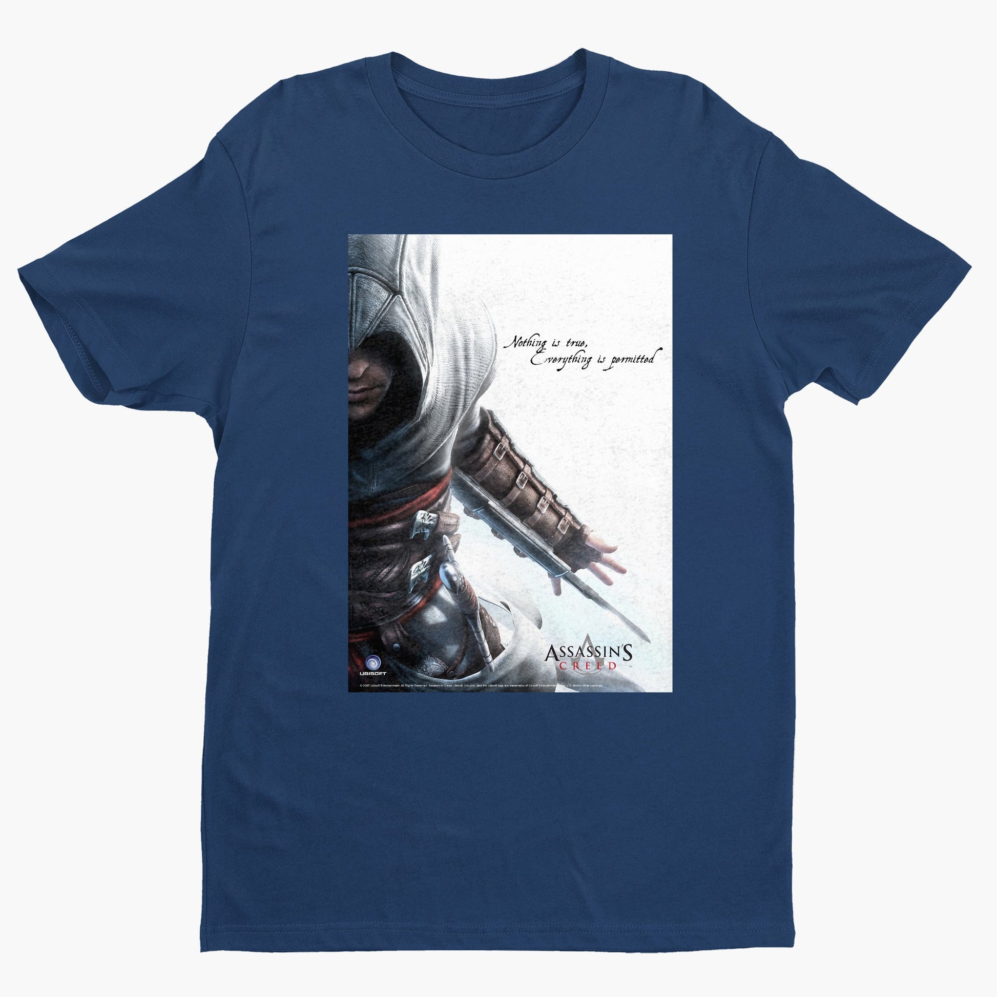 Assassin's Creed Nothing Is True promo art tee - navy unisex t-shirt, front view
