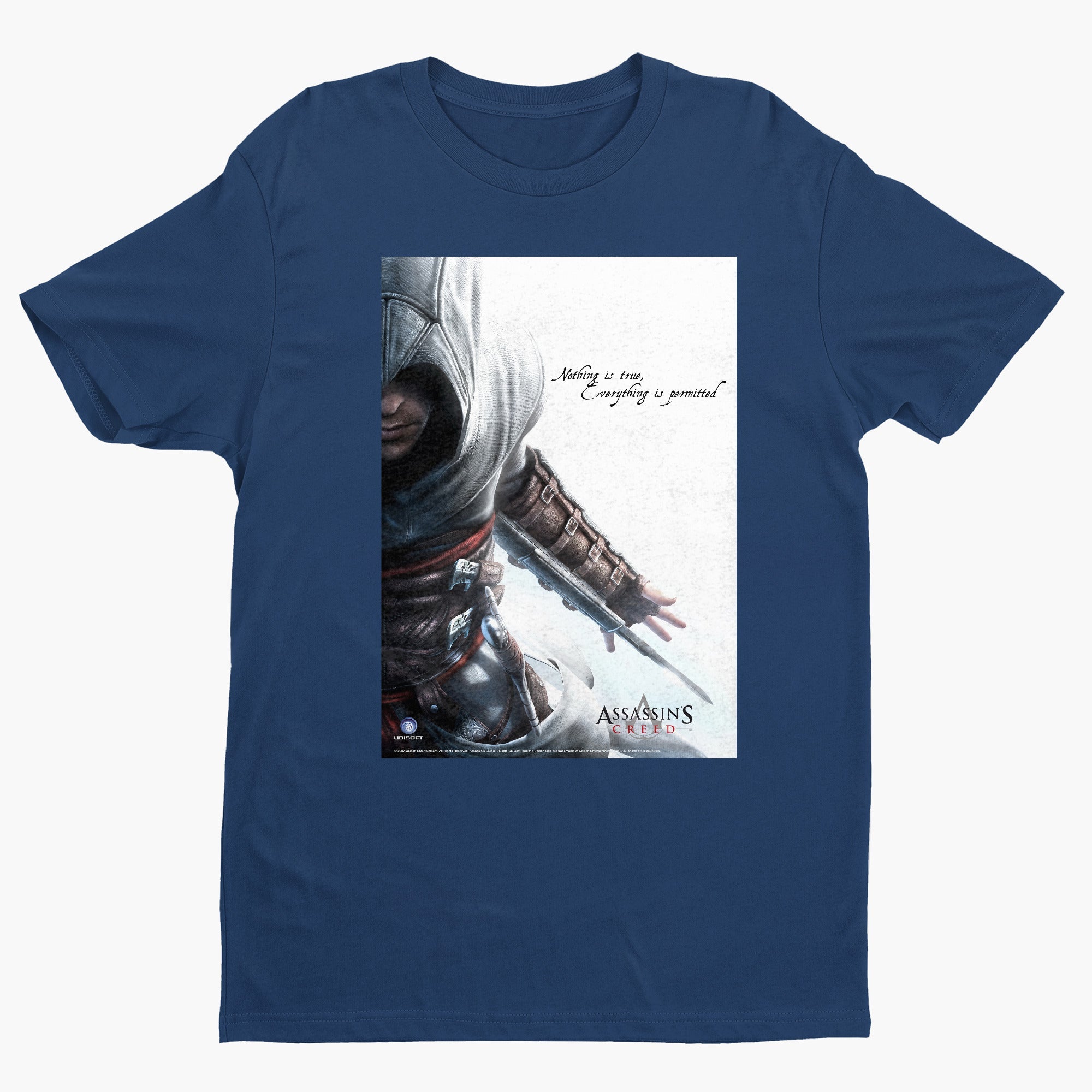 Assassin's Creed Nothing Is True promo art tee - navy unisex t-shirt, front view