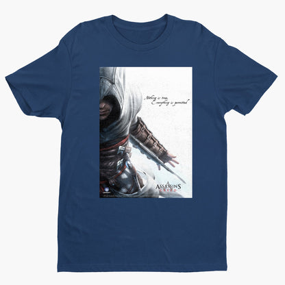 Assassin's Creed Nothing Is True promo art tee - navy unisex t-shirt, front view