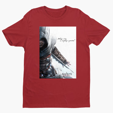 Assassin's Creed Nothing Is True promo art tee - red unisex t-shirt, front view