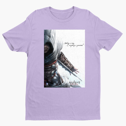 Assassin's Creed Nothing Is True promo art tee - violet unisex t-shirt, front view