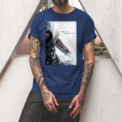 Assassin's Creed Nothing Is True promo art tee worn by a model, navy
