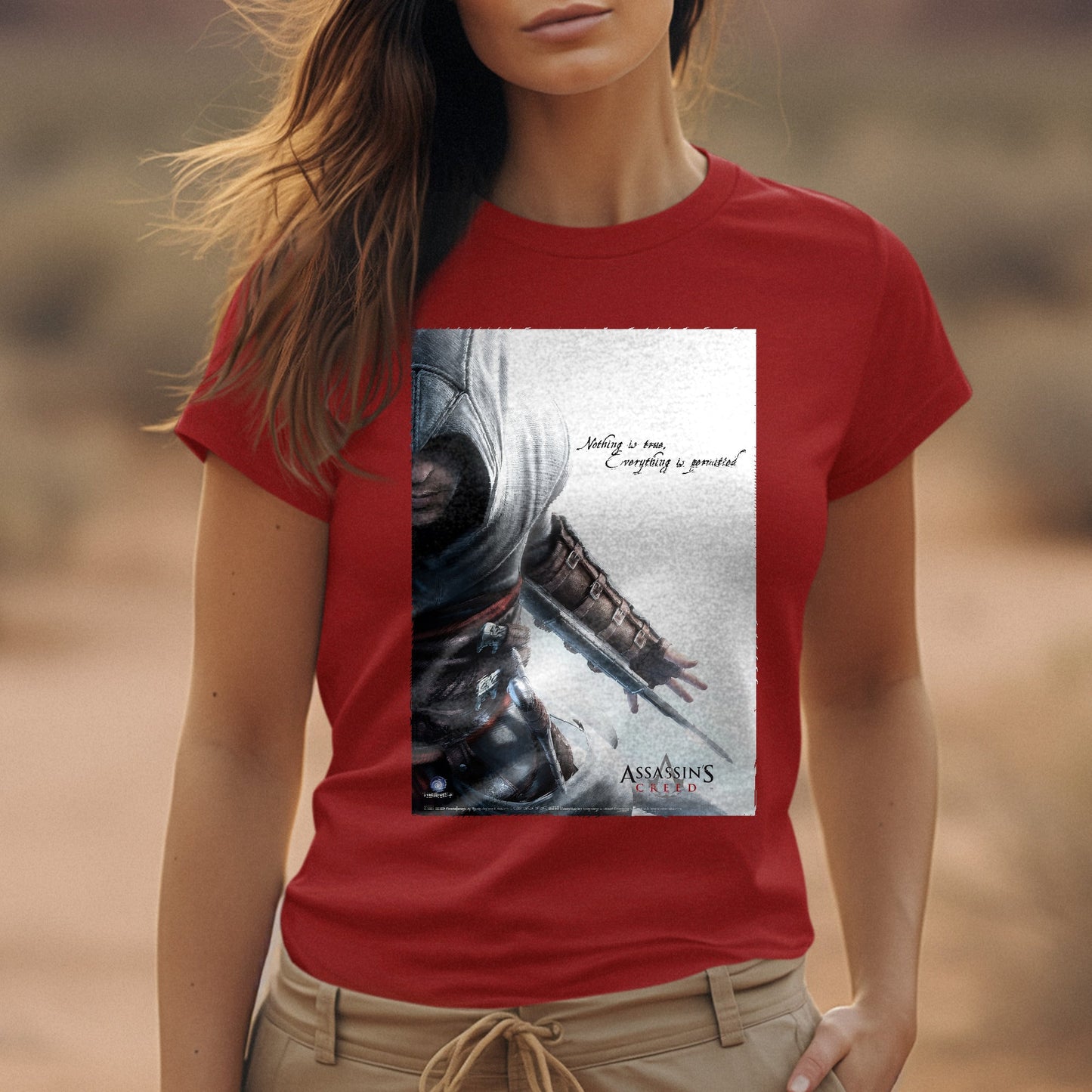 Assassin's Creed Nothing Is True promo art tee worn by a model, red