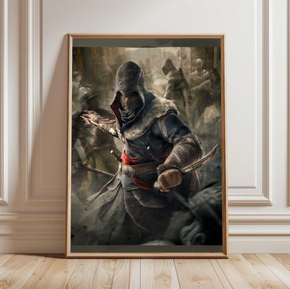 Assassin's Creed Revelations Ezio art in a light oak frame leaning against a white wall
