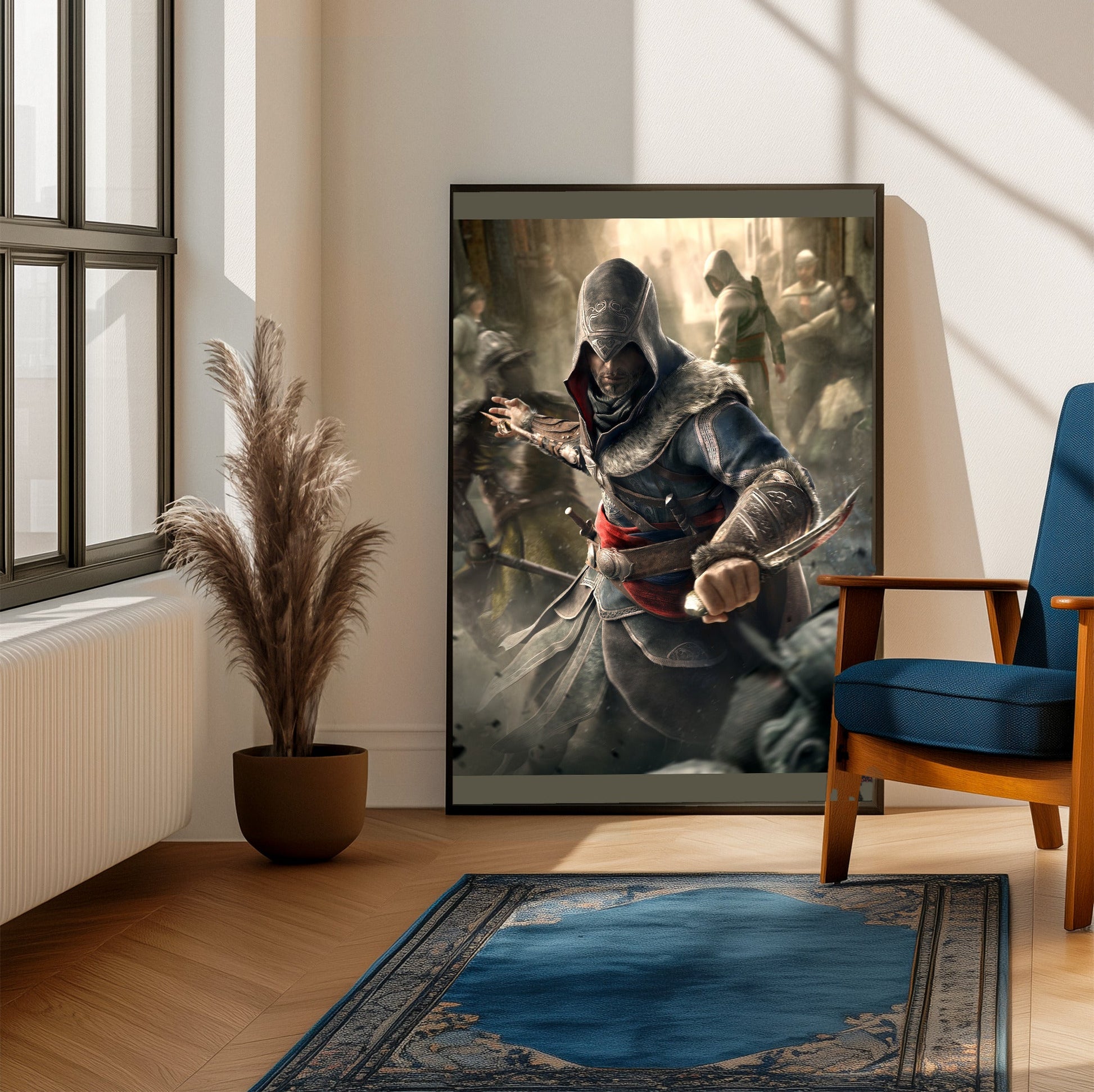 Assassin's Creed Revelations Ezio art framed beside a blue armchair in a sunlit room