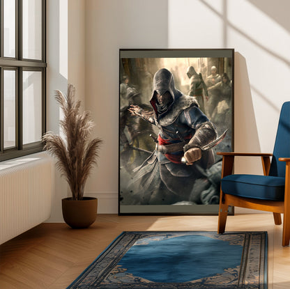 Assassin's Creed Revelations Ezio art framed beside a blue armchair in a sunlit room