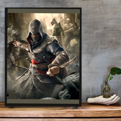 Assassin's Creed Revelations Ezio art in a black frame on a wooden shelf against concrete