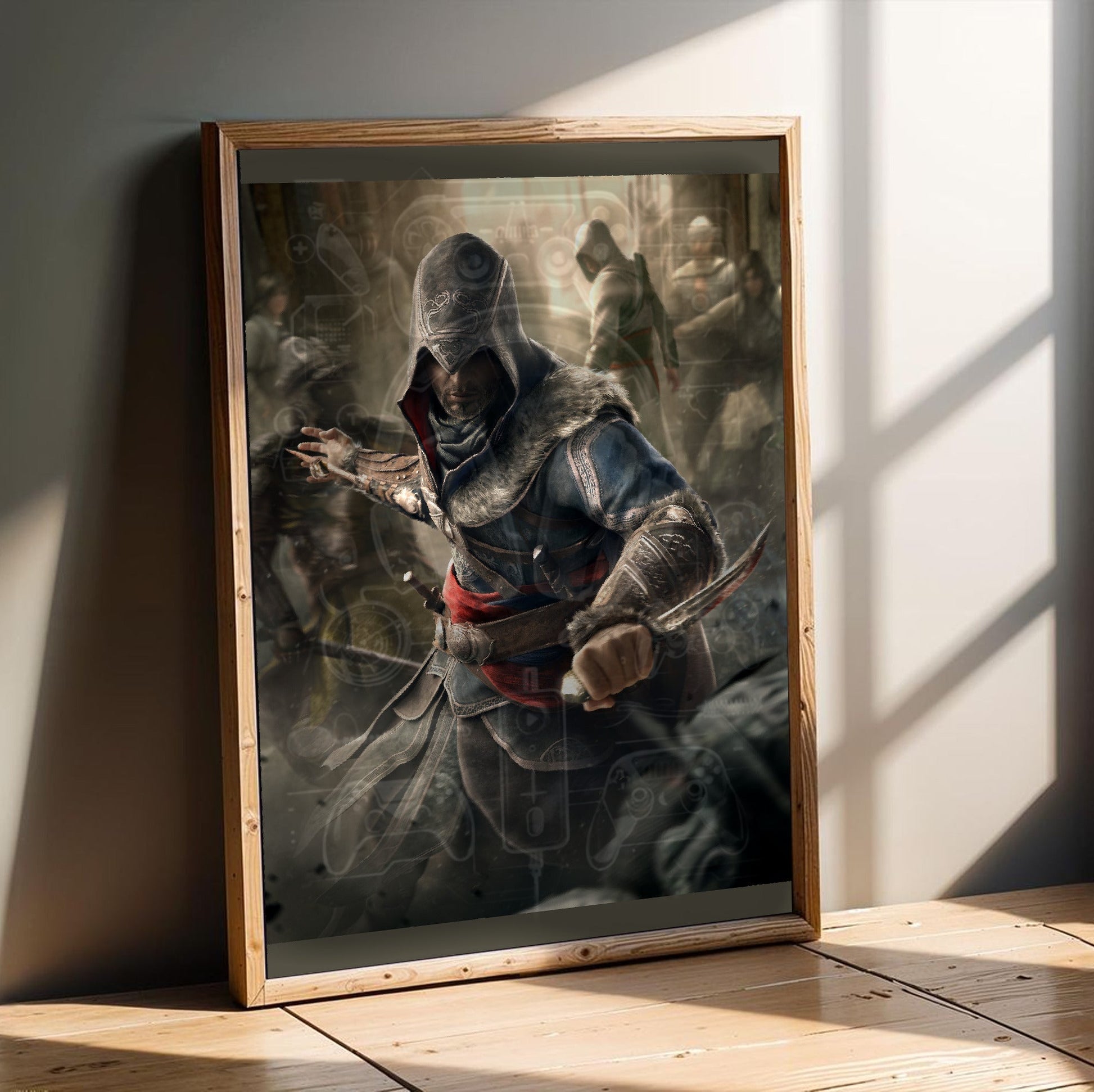 Assassin's Creed Revelations Ezio art in an oak frame leaning on a wooden floor