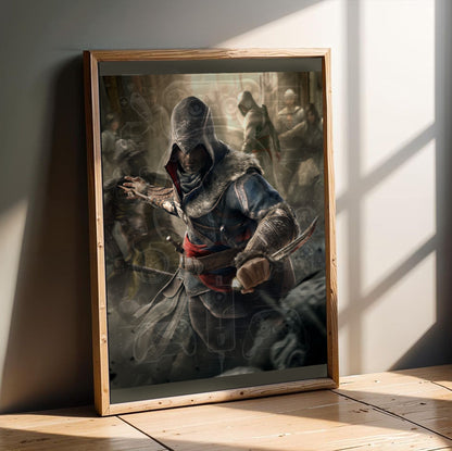 Assassin's Creed Revelations Ezio art in an oak frame leaning on a wooden floor