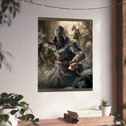 Assassin's Creed Revelations Ezio art unframed on a white wall above a desk