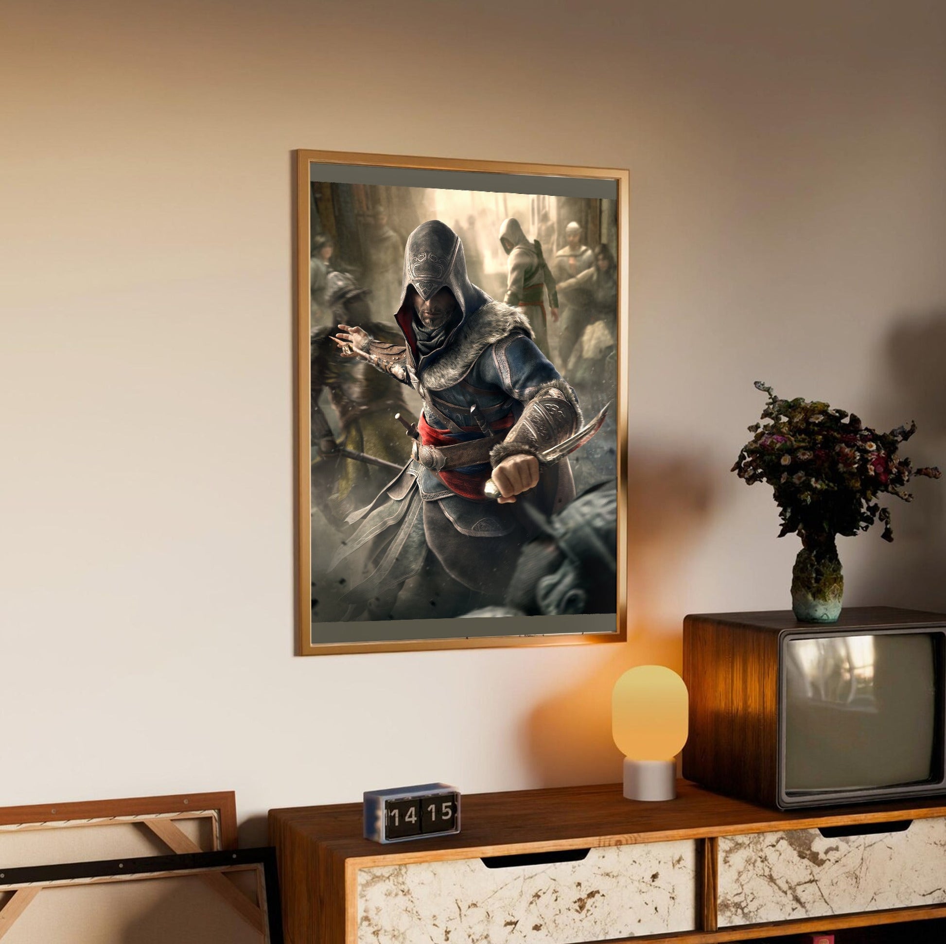 Assassin's Creed Revelations Ezio art in an oak frame above a sideboard