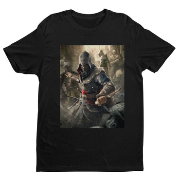 Assassin's Creed Revelations Ezio poster art tee - black unisex t-shirt, front view