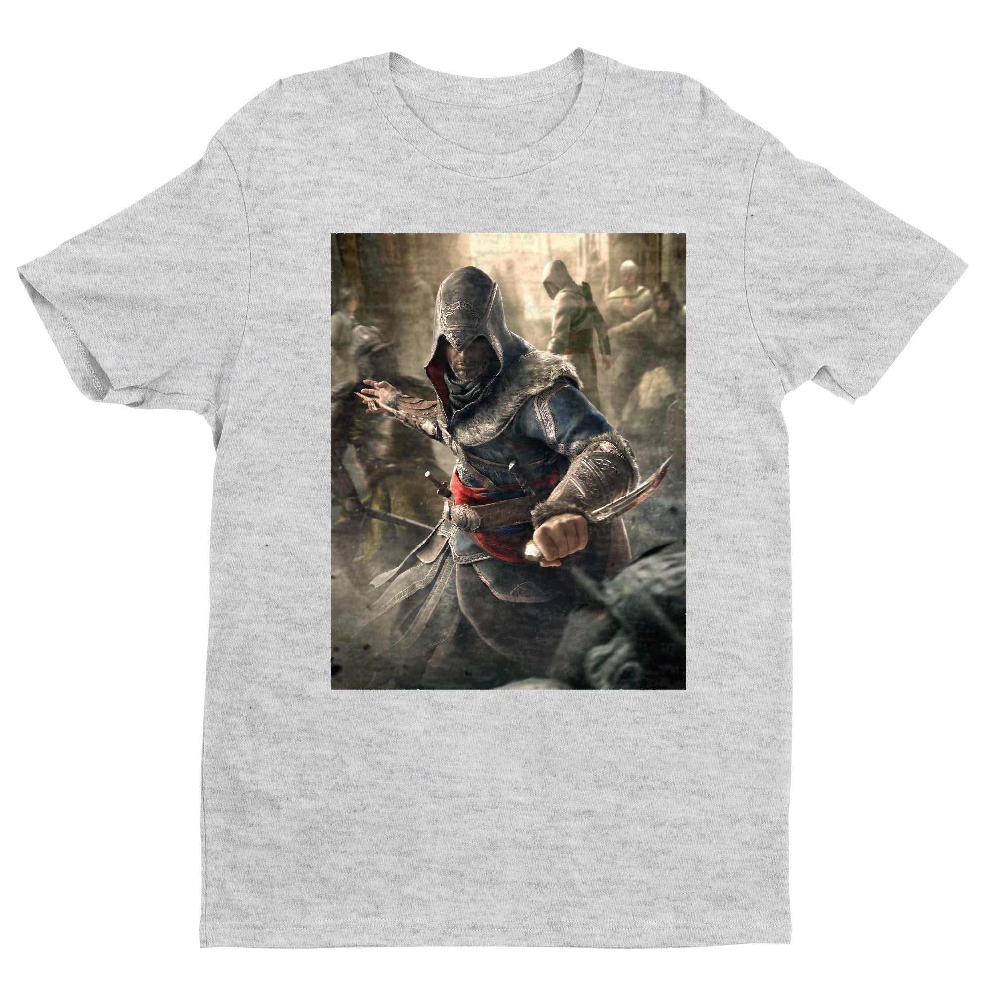 Assassin's Creed Revelations Ezio poster art tee - gray unisex t-shirt, front view