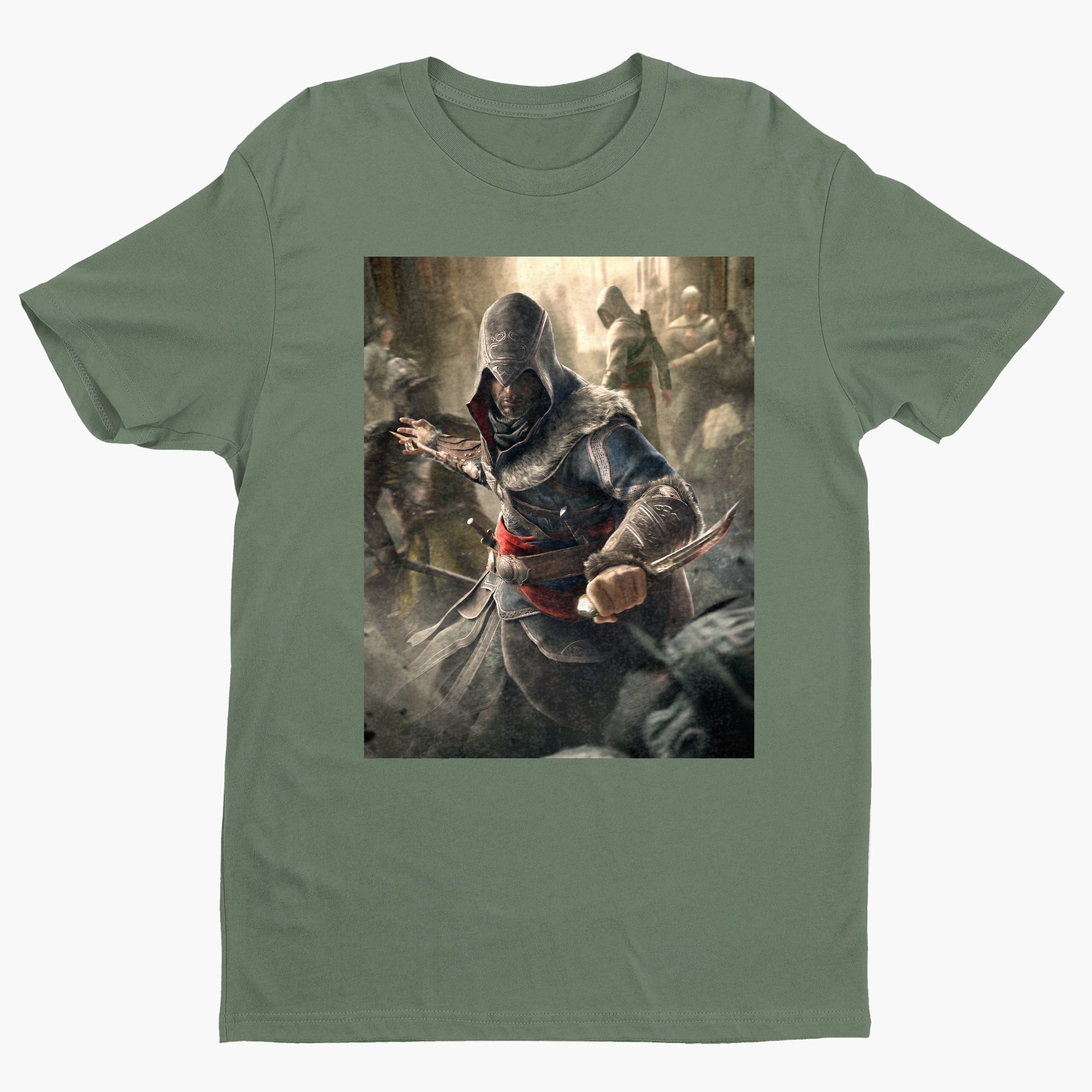 Assassin's Creed Revelations Ezio poster art tee - green unisex t-shirt, front view