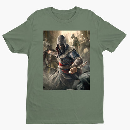 Assassin's Creed Revelations Ezio poster art tee - green unisex t-shirt, front view