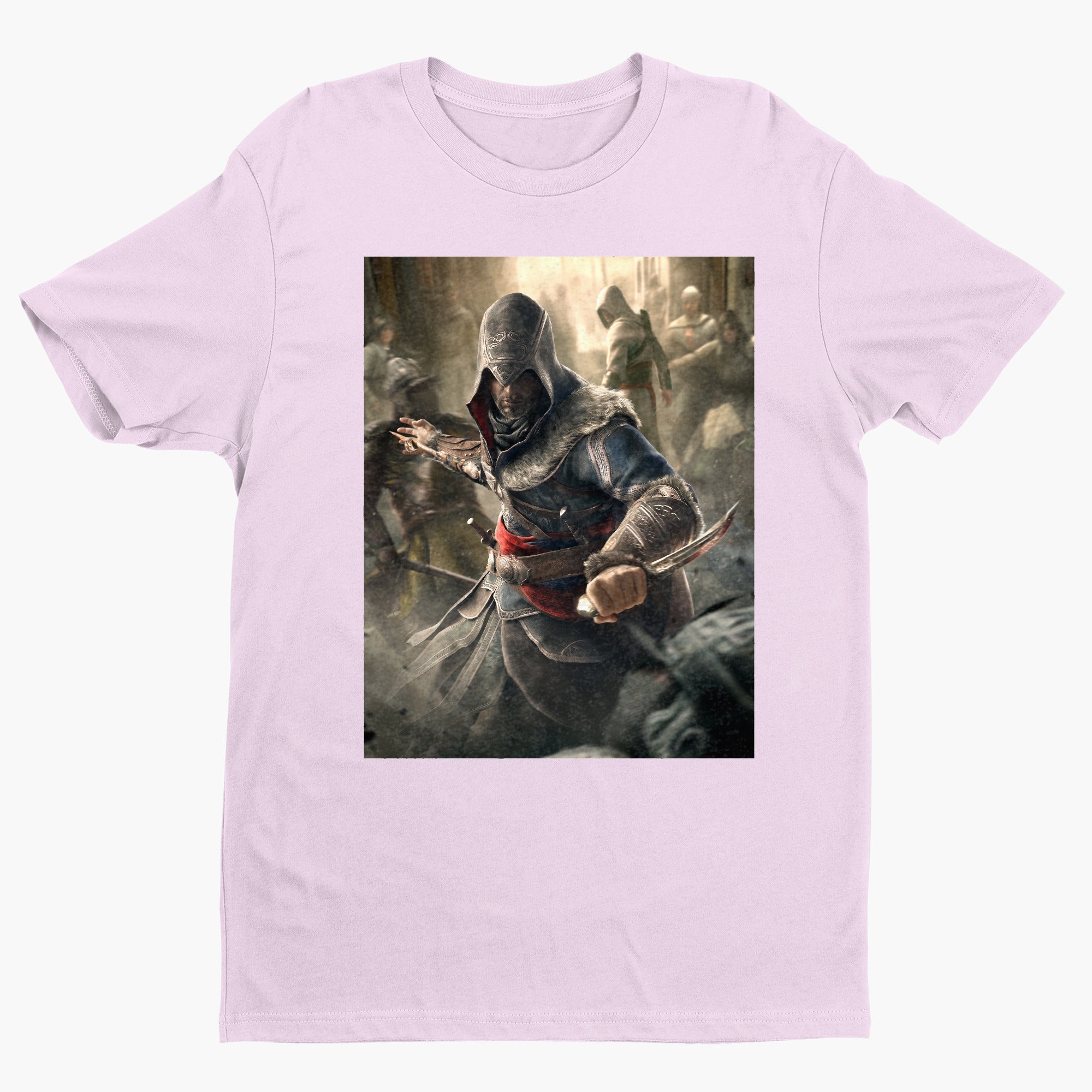 Assassin's Creed Revelations Ezio poster art tee - light pink unisex t-shirt, front view