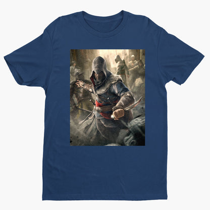 Assassin's Creed Revelations Ezio poster art tee - navy unisex t-shirt, front view