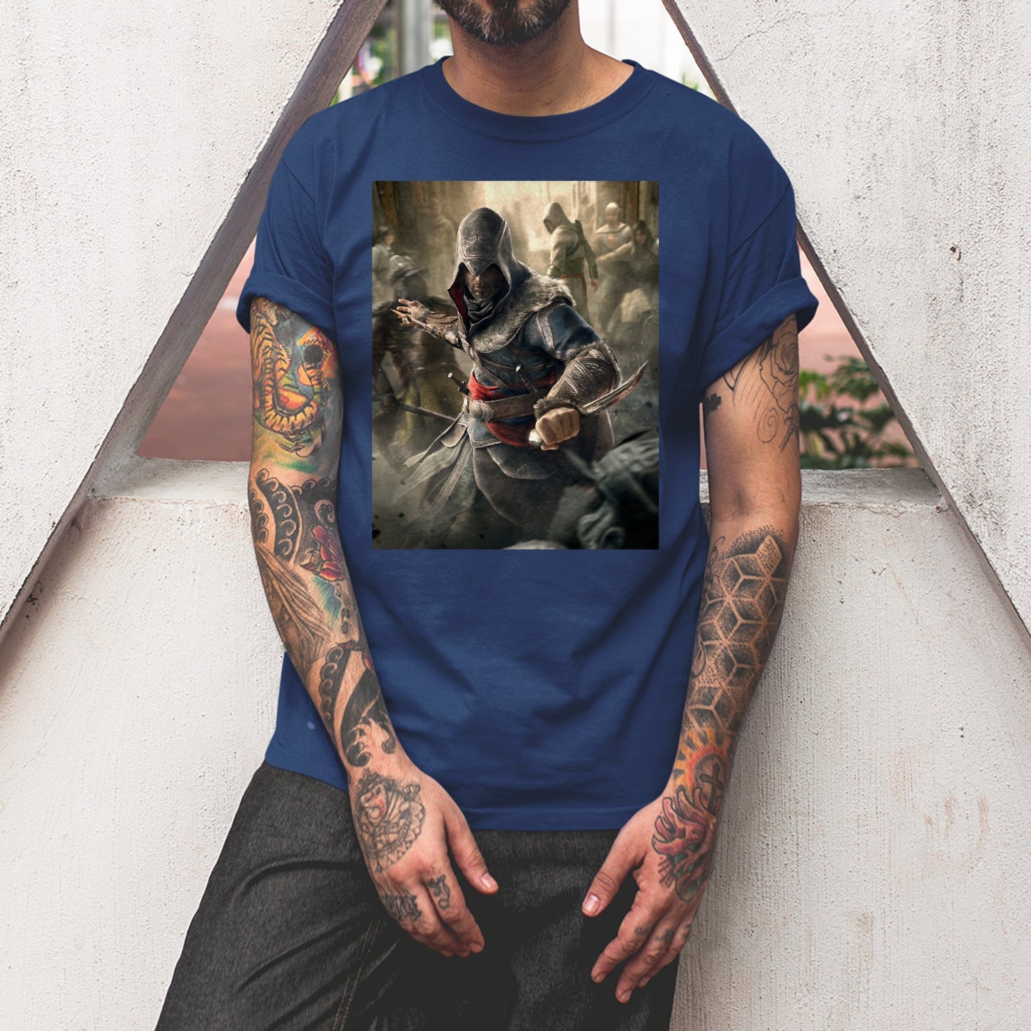 Assassin's Creed Revelations Ezio poster art tee worn by a model, navy