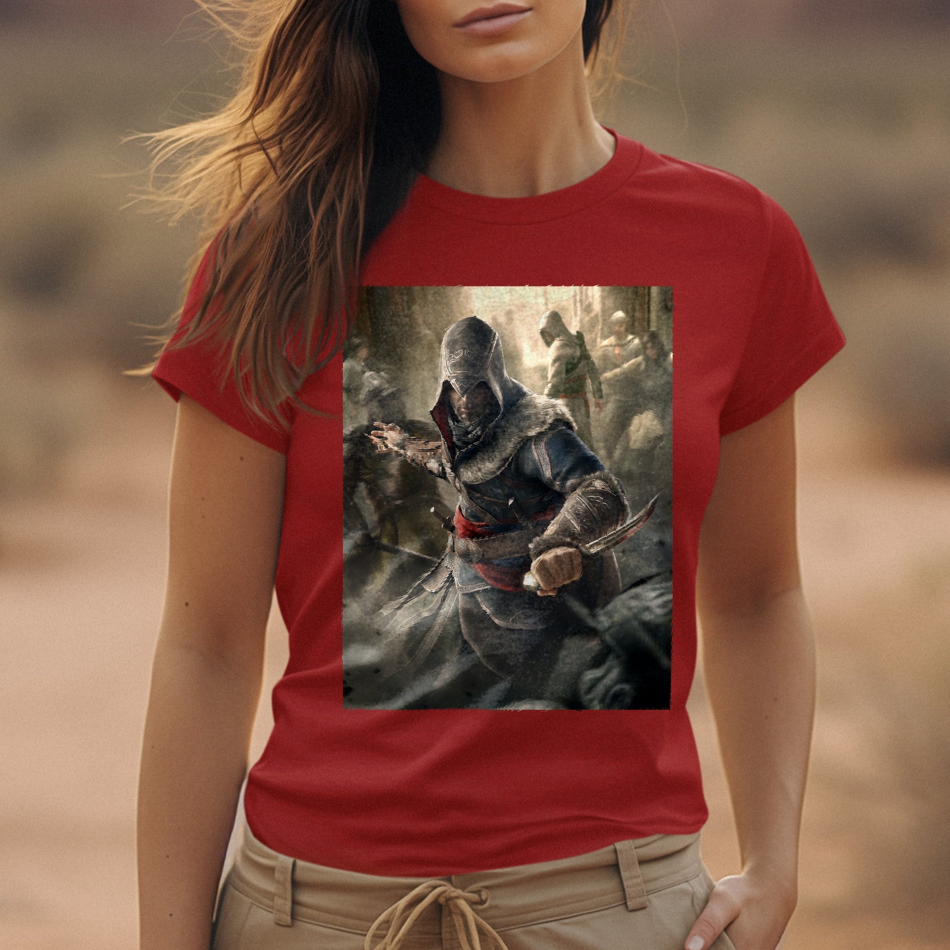 Assassin's Creed Revelations Ezio poster art tee worn by a model, red