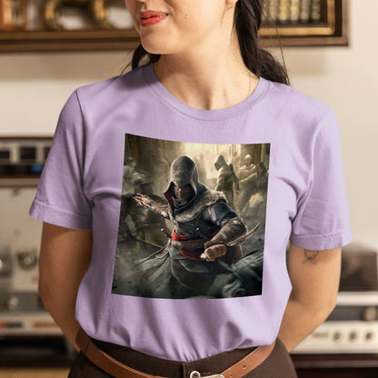 Assassin's Creed Revelations Ezio poster art tee worn by a model, violet