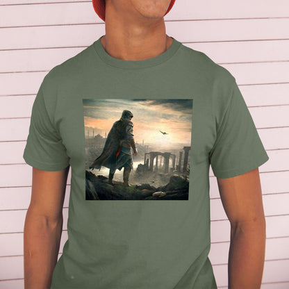 Assassin's Creed Revelations Ezio promo art tee worn by a model in a cap, green