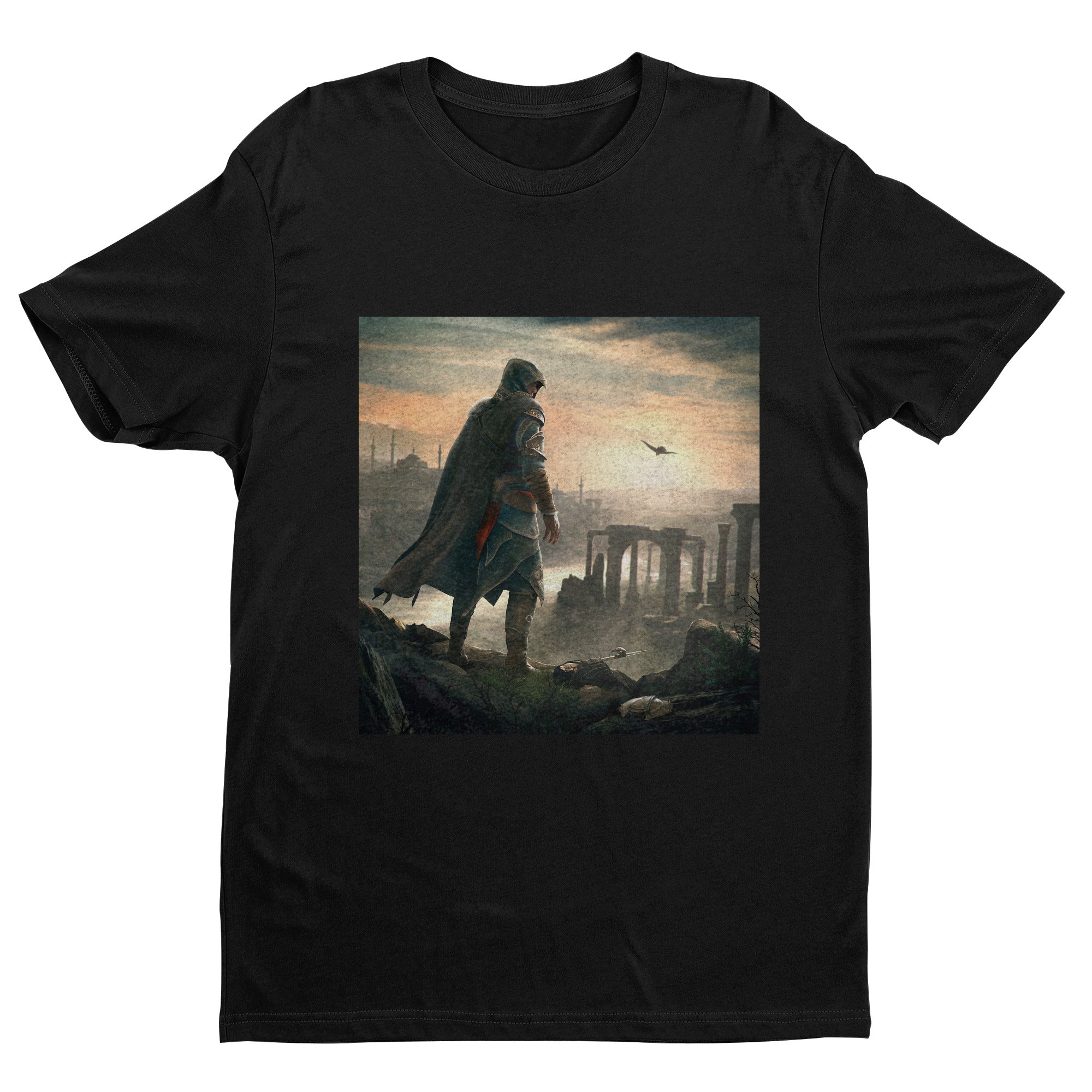 Assassin's Creed Revelations Ezio promo art tee - black unisex t-shirt, front view