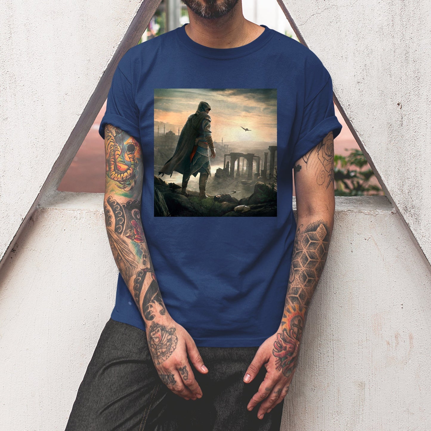 Assassin's Creed Revelations Ezio promo art tee worn by a model, navy