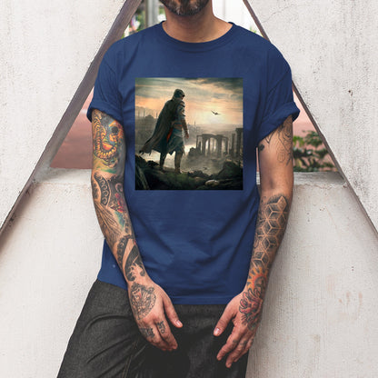 Assassin's Creed Revelations Ezio promo art tee worn by a model, navy