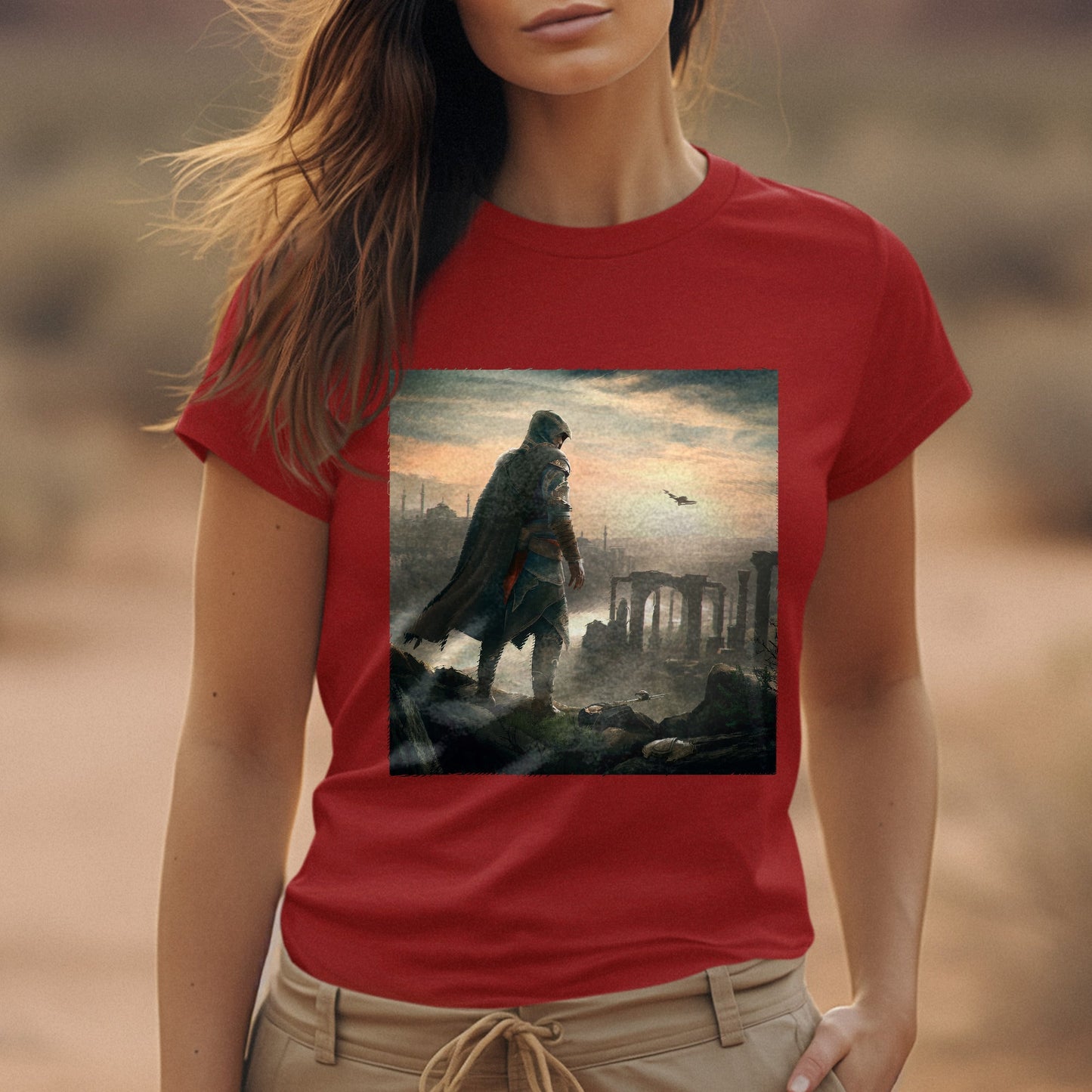 Assassin's Creed Revelations Ezio promo art tee worn by a model, red